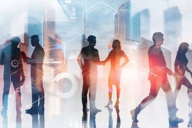 Siluetleri iş adamları iş arabiriminin çift pozlama ile gökdelenler arka plan üzerinde etkileşim. Nasa tarafından döşenmiş bu görüntü bir görüntü öğelerini tonda