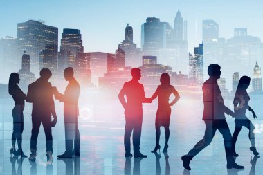 Siluetleri modern cityscape arka plan iş arabiriminin çift pozlama ile üzerinden iletişim iş adamları. Modern iş kavramı. Tonlu görüntü