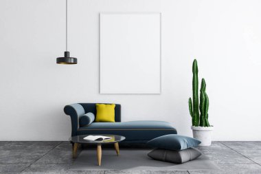 Oturma odası beyaz duvarlar, kiremitli kat, mavi koltuk sarı yastık, yuvarlak sehpa ve dikey poster ile iç. 3D render alay