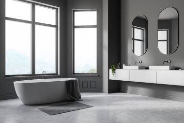 Gri duvarlar, beton zemin, bir havlu ile beyaz küvet banyo köşesinde ve üstlerindeki dikdörtgen aynalar ile beyaz sayaçta iki beyaz lavabolar. 3D render