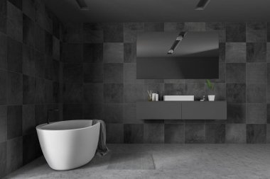 Siyah taş duvarlar, beton zemin, bu havluda ile gri tezgah ve beyaz küvet ayakta beyaz lavabo banyo iç. 3D render