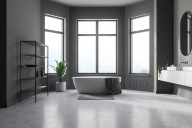 Gri duvarlar, beton zemin, beyaz, gri havlu küvet banyo iç beyaz çift lavabo ve gri raflar. 3D render