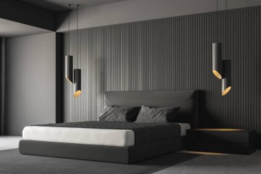 Gri duvarlar, beton zemin, gri halı, siyah başucu masaları ve şık lambalar üzerinde duran gri karyola ile minimalist yatak köşesinde. 3D render
