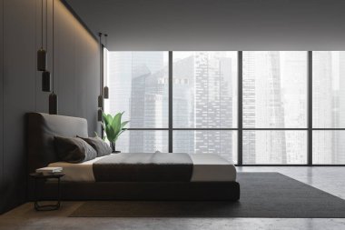 Yan görünüm panoramik yatak odası ve gri duvarlar, beton zemin, halı ve büyük gri karyola ayakta bitki saksı. 3D render