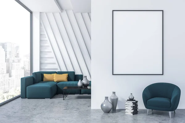 客厅的内部有白色的墙壁 水泥地板 蓝色沙发附近的黑色咖啡桌和蓝色扶手椅与垂直海报上面 渲染模拟 — 图库照片