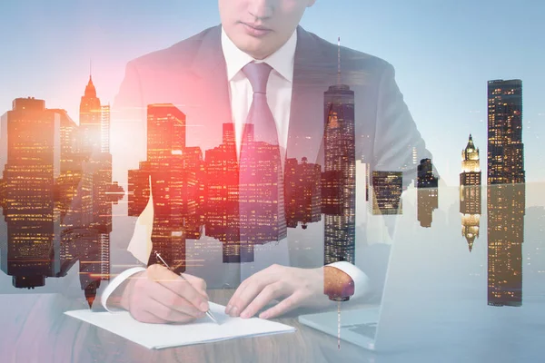 Unrecognizable Young Businessman Working Documents His Office Double Exposure Cityscape — Stock Photo, Image