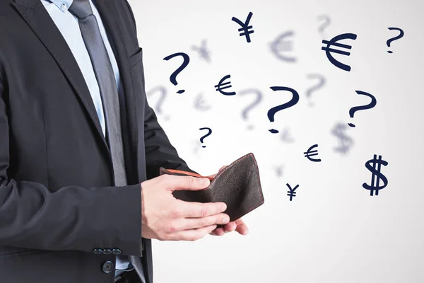 Close Unrecognizable Businessman Opening His Wallet Standing White Wall Currency — Stock Photo, Image