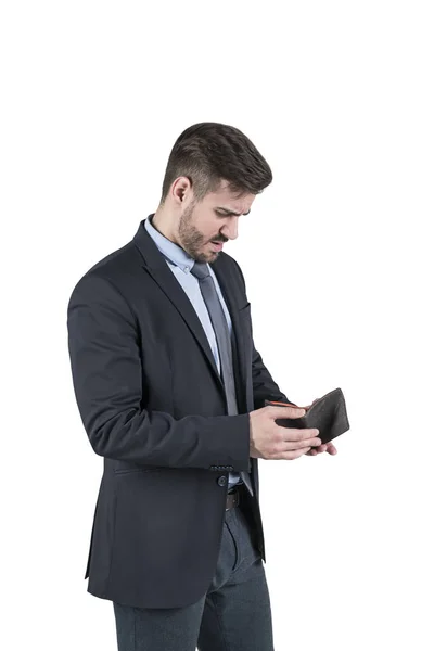 Vista Lateral Jovem Empresário Desapontado Com Barba Vestindo Terno Olhando — Fotografia de Stock