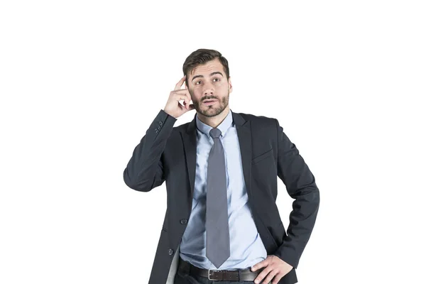 Isolated Portrait Confused Young Businessman Beard Wearing Suit Thinking Concept — Stock Photo, Image