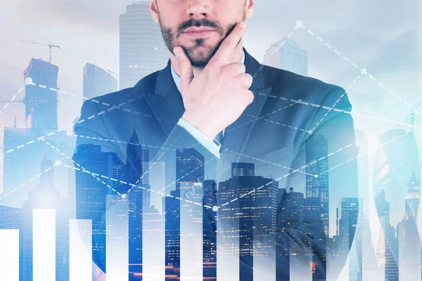 Portrait Thoughtful Unrecognizable Businessman Beard Standing Night Cityscape Background Double — Stock Photo, Image