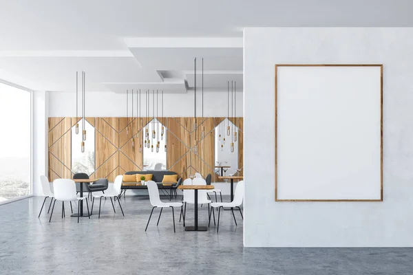 Interior of cafe with wooden and white walls, panoramic window, gray sofas and armchairs near coffee table and white chairs near square tables. Vertical poster on the wall. 3d rendering mock up