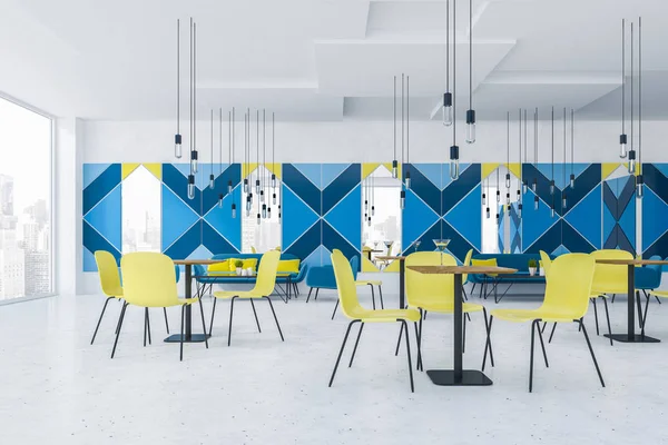 Interior of panoramic cafe with blue walls, concrete floor, blue sofas and armchairs near coffee tables and yellow chairs near square tables. 3d rendering