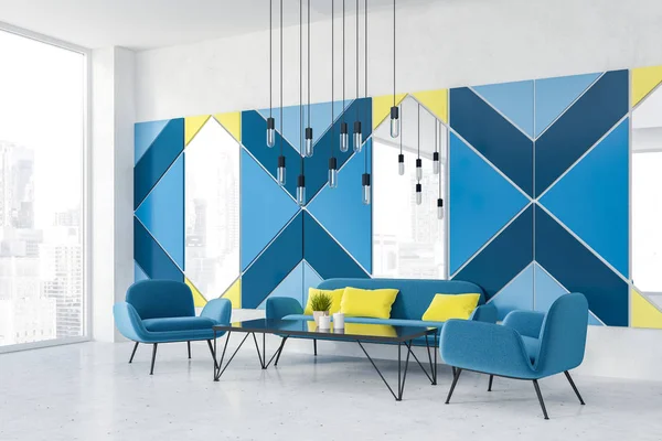Hörnet Modernt Café Med Panoramafönster Blå Geometriska Mönster Väggar Blå — Stockfoto