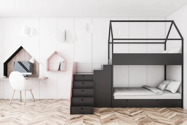 Interior of kids bedroom with white walls, wooden floor, gray bunk bed and computer table with white chair. Paper clouds. 3d rendering