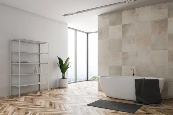 Corner Loft Bathroom White Beige Tile Walls Wooden Floor Large — Stock Photo, Image