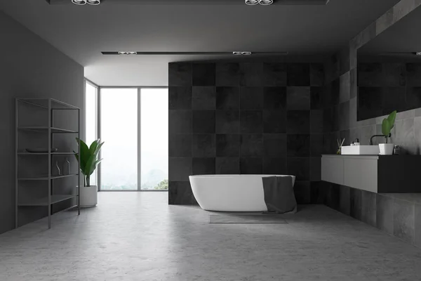 Interior Bathroom Black Tile Walls Large Window Concrete Floor White — Stock Photo, Image