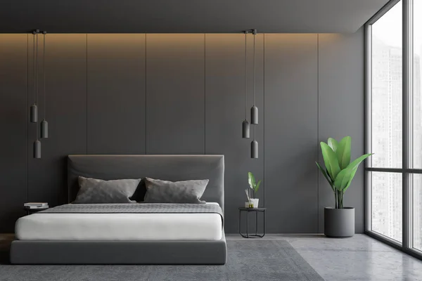 Panoramic Bedroom Interior Gray Walls Concrete Floor Gray Master Bed — Stock Photo, Image