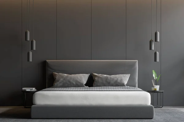 灰色の壁 コンクリートの床 カーペット 天井スタイリッシュなランプの上に立って灰色のマスター ベッド ミニマルな寝室のインテリア レンダリング — ストック写真