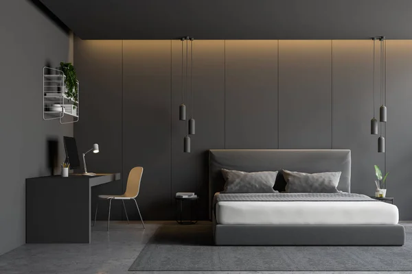 Interior Modern Bedroom Gray Walls Concrete Floor Gray Master Bed — Stock Photo, Image