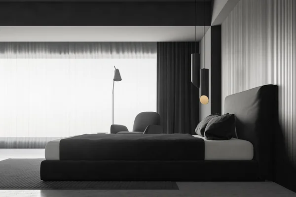 Zijaanzicht Van Moderne Slaapkamer Met Grijze Muren Betonnen Vloer Grijze — Stockfoto
