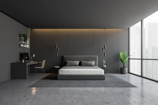 灰色の壁 コンクリート床 パノラマ ビューの窓 灰色マスター ベッドと灰色のコンピューター テーブル付きのベッドルームのインテリア レンダリング — ストック写真