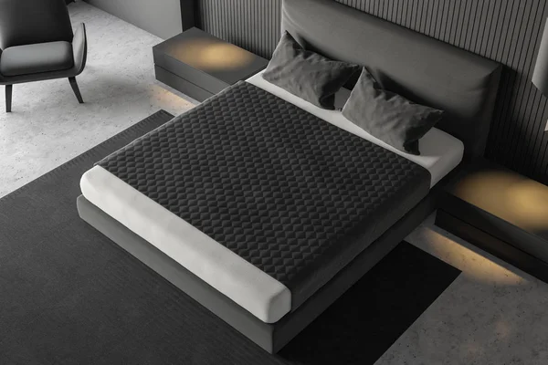 Top View Gray Master Bed Gray Blanket Standing Modern Bedroom Stock Image