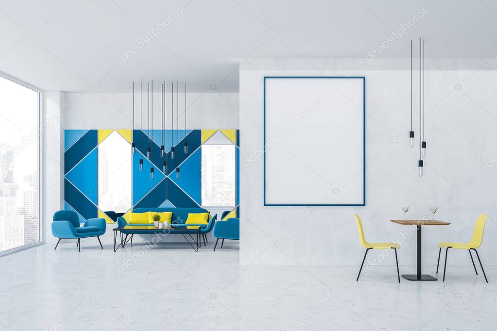 Interior of restaurant with blue geometric pattern walls, blue sofa and armchairs near black table and yellow chairs near square table. Vertical poster on the wall. 3d rendering mock up