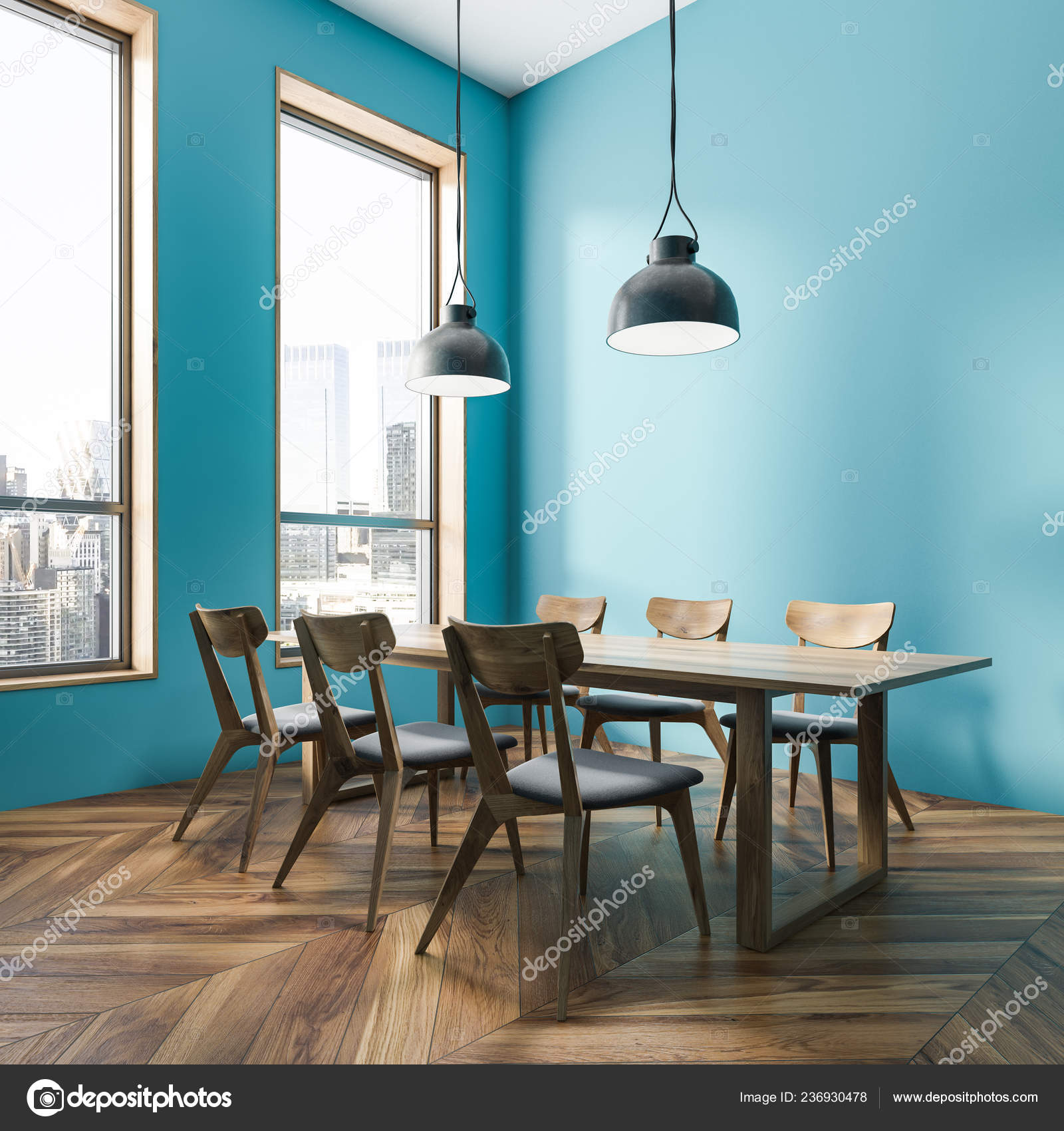 corner of dining room with blue walls wooden floor wooden table with gray  and wooden chairs and two ceiling lamps 3d rendering 236930478