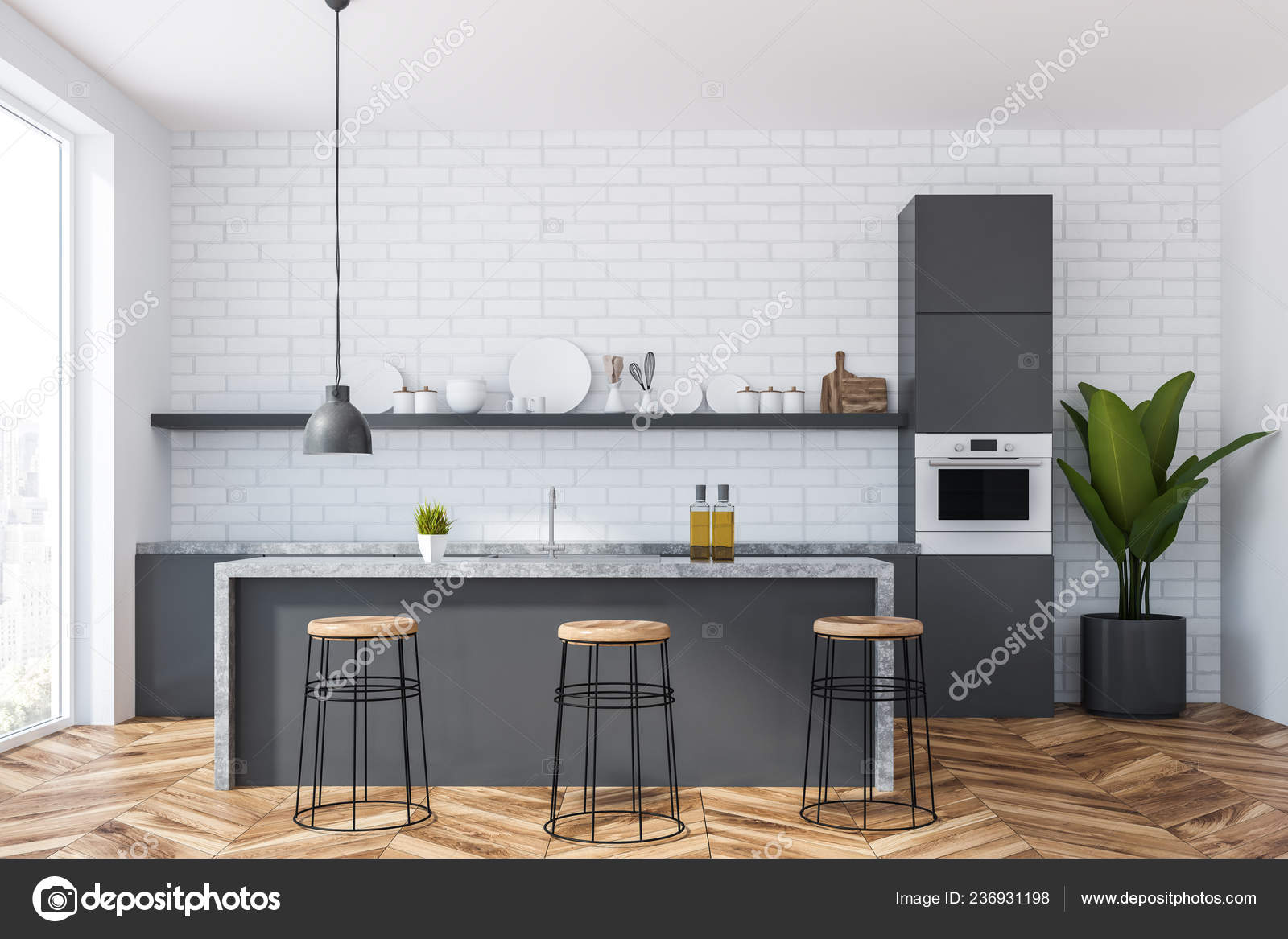 Interior Kitchen White Brick Walls Wooden Floor Panoramic