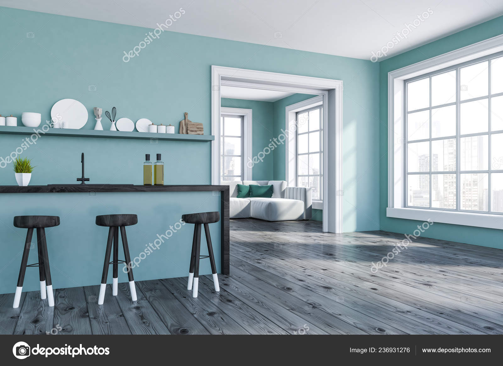 Corner Modern Kitchen Blue Walls Wooden Floor Blue Wooden Bar