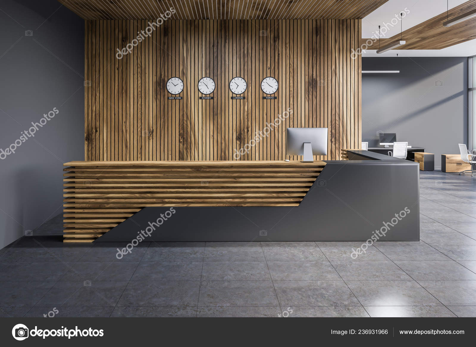 Gray Wooden Reception Desk Standing Modern Office Gray Wooden Walls Stock  Photo by ©denisismagilov 236931966