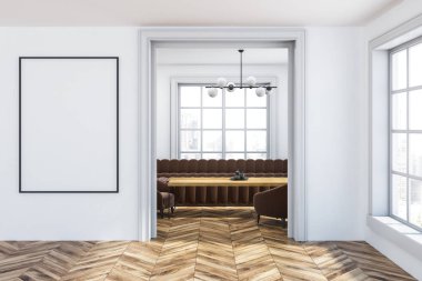 İç ahşap zemin, geniş pencereler ve kahverengi kanepe koltuk yakınındaki geniş kapıdan görülen tablo ile beyaz oturma odası. Dikey poster. 3D render alay