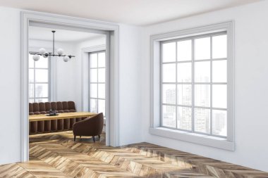 Ahşap zemin, geniş pencereler ve kahverengi kanepe koltuk yakınındaki geniş kapıdan görülen tablo ile beyaz oturma odası köşesinde. 3D render