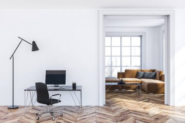 Beyaz duvarları, ahşap zemin, siyah sandalye ve oturma odası arka planda siyah mermer bilgisayar tablo ile ev ofis iç. 3D render