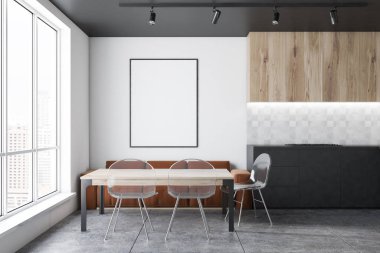 Beyaz duvarları, kiremitli kat, gri mutfak tezgahı ve ahşap dolap, modern mutfak, iç kahverengi kanepe ve şeffaf sandalyeler ve dikey poster ile ahşap masa. 3D render alay