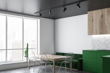 Beyaz duvarları, kiremitli kat, yeşil mutfak tezgahı ve ahşap dolapları modern mutfak ve yeşil kanepe ve şeffaf sandalyeler ile ahşap masa köşesinde. 3D render