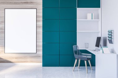 Beyaz ve ahşap duvarlar, beton zemin, beyaz kitaplık ve mavi dolap ve dikey poster yakınındaki beyaz bilgisayar masasi ev ofis iç. 3D render alay