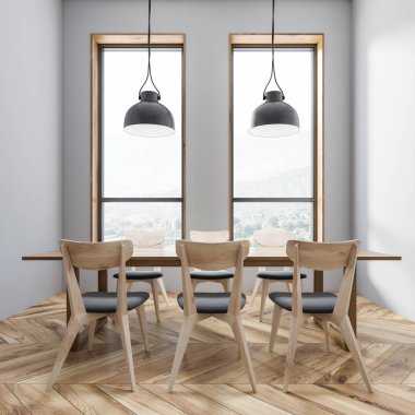 Gri duvarlar, iki pencere, gri ve ahşap sandalye ve iki tavan lambaları ile ahşap masa ile dar yemek odası iç. 3D render