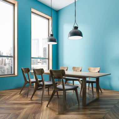 Yemek odası mavi duvarlar, ahşap zemin, gri ve ahşap sandalye ve iki tavan lambaları ile ahşap masa ile köşesinde. 3D render