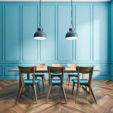 Mavi paneli duvarlar, ahşap zemin, ahşap masa mavi ve ahşap sandalye ve iki tavan lambaları ile yemek odası iç. 3D render