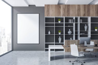 Gri duvarlar, beton zemin, beyaz sandalyeleri, kitaplık vazolar ve duvara dikey poster ile beyaz ve ahşap bilgisayar masa müdür ofis iç. 3D render alay
