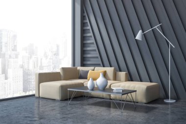 Gri duvarlar, beton zemin ve bej kanepe yastıkları siyah kahve masanın ayakta ile oturma odası köşesinde. 3D render