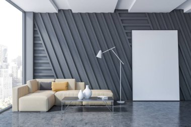 Gri duvarlar, beton zemin, bej kanepe yastıkları siyah sehpa ve dikey afiş yere yakın duran ile yatak odası iç. 3D render alay