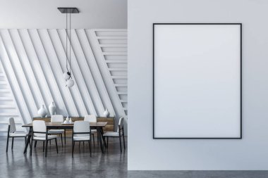 Beyaz duvarları, gri zemin, beyaz koltukları, dolap ve duvara dikey poster ile siyah ve ahşap tablo ile yemek odası iç. 3D render alay