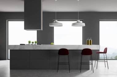 Beton zemin ile gri mutfak iç, Ocak ve siyah dışkı loft windows ile dağ görüntüleme ve beyaz ve gri ada inşa. 3D render