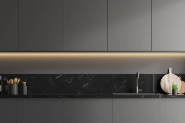 Gri ve siyah mermer mutfak tezgahı ile lavabo ve gri dolapları üstüne Gri duvarlar ile odasında asılı inşa kapatın. 3D render