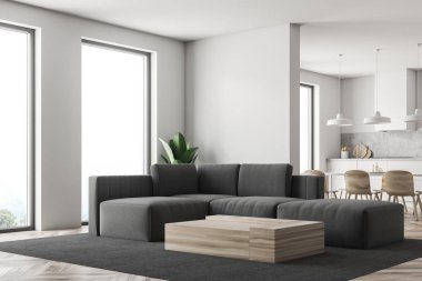 Ahşap zemin, çatı windows, gri kanepe hafif ahşap sehpa ve mutfak arka plan ayakta beyaz oturma odası köşesinde. 3D render