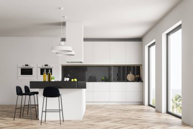 Siyah ve beyaz mermer duvarlar, ahşap zemin, beyaz mutfak tezgahı ve dolapları ile mutfak, beyaz ve siyah mermer ada dışkı ve duvardaki iki fırın iç. 3D render