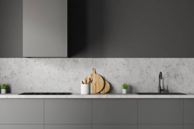 Gri ve taş mutfak tezgah ile lavabo ve Ocak ve kesme tahtası üzerinde gri mutfak iç ayakta inşa. 3D render