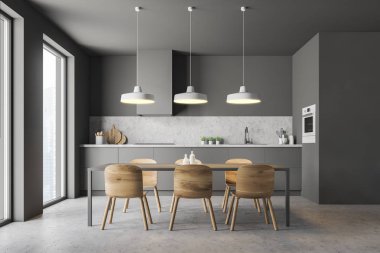 Modern mutfak Gri duvarlar, beton zemin, lavabo ve fırın ile gri mutfak tezgahı ve ahşap sandalye tabloyla iç. 3D render